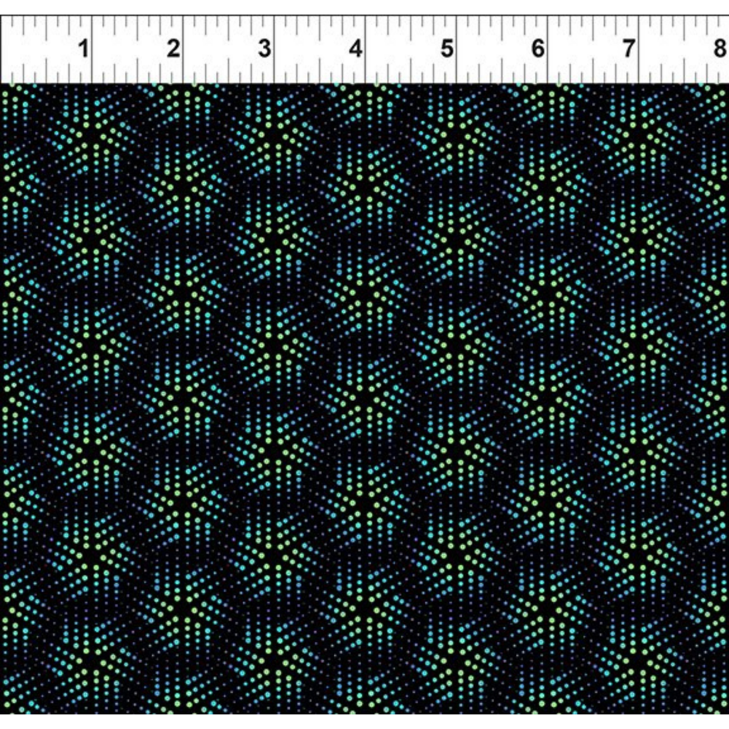 Grid pattern of playful geometric pinwheels comprised of tiny blue and green dots on a black background. Ruler for scale.