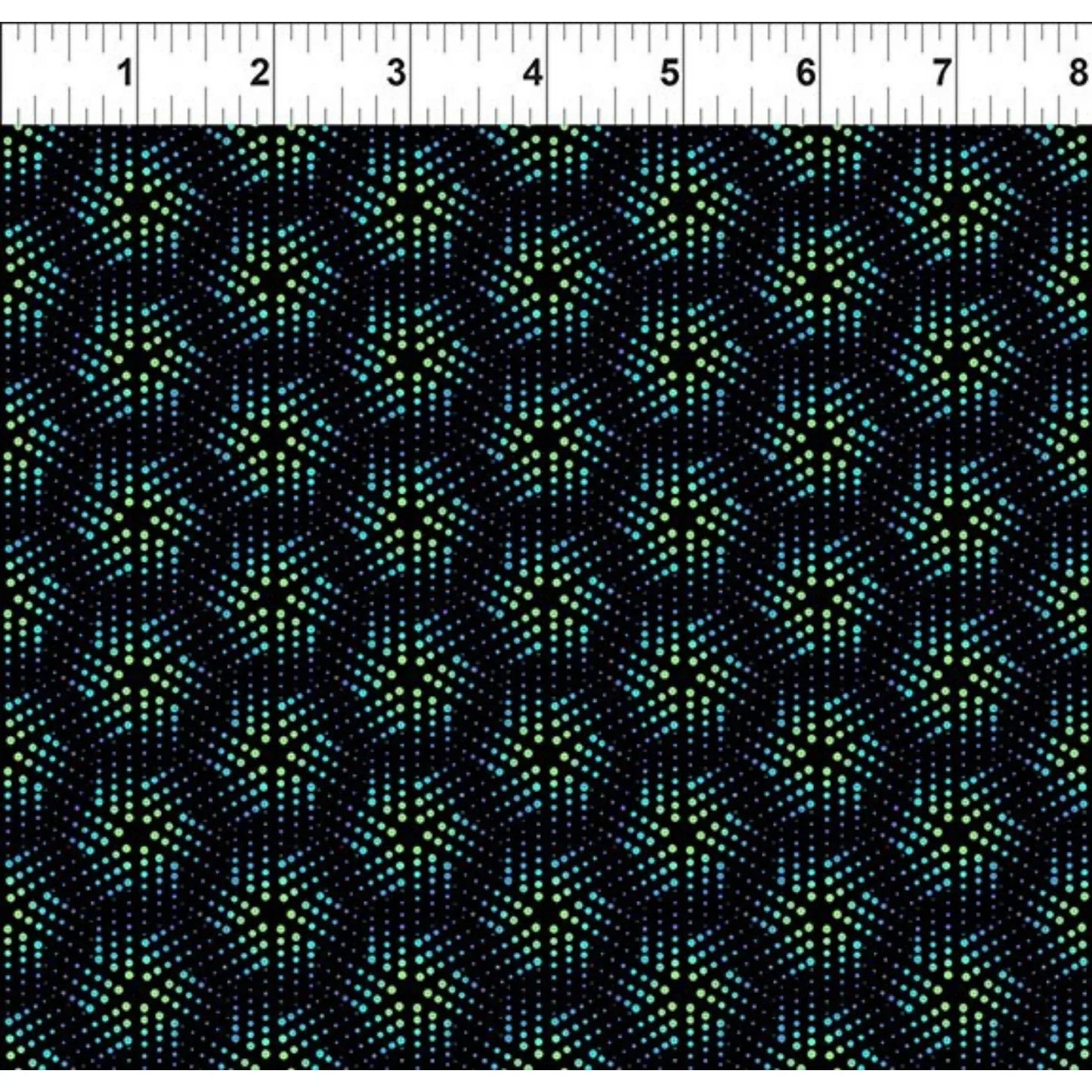Grid pattern of playful geometric pinwheels comprised of tiny blue and green dots on a black background. Ruler for scale.
