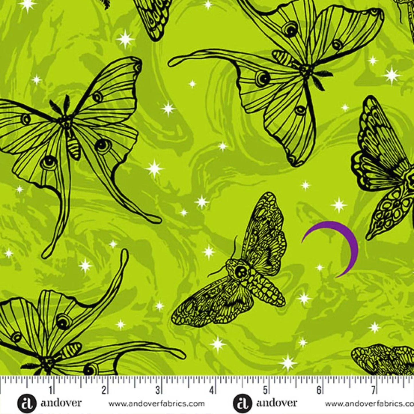 Black line-art moths on a green background with a purple crescent moon. Ruler for scale.