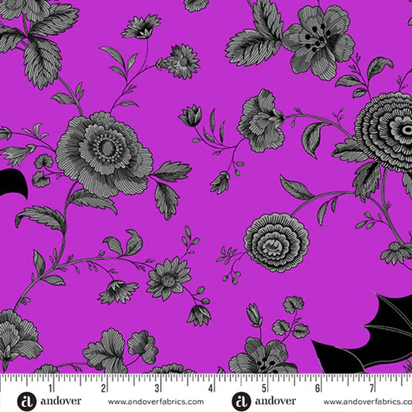 Black floral pattern on a purple background with black bats. Ruler for scale