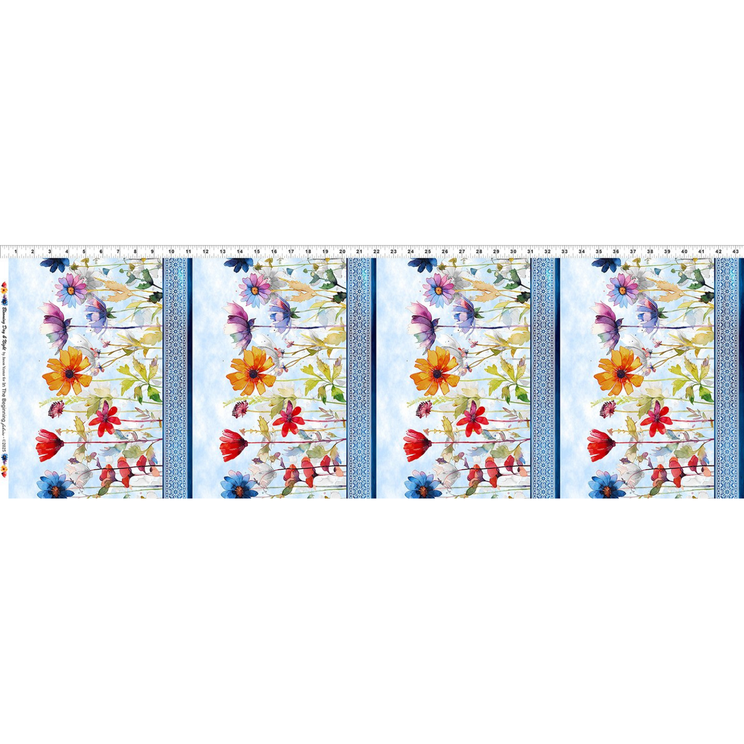 Colorful floral stripes on a light blue background with a ruler for scale