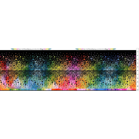 Fabric featuring a horizontal stripe of wildflowers shifting in a rainbow gradient against a deep black background. Ruler along the right side for scale.