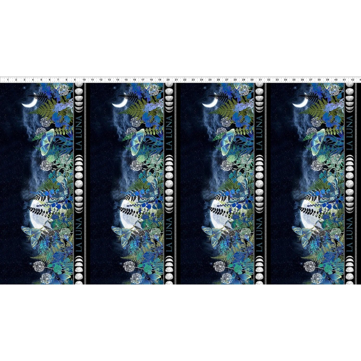 Four fabric stripes featuring blue and teal moths among a lush, moonlit garden and accented with a metallic, silver band showcasing the various phases of the moon. Ruler for scale