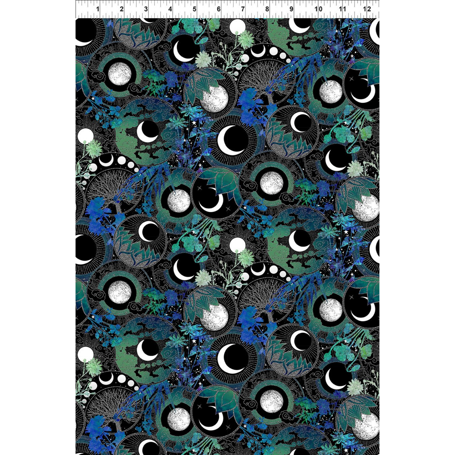 Fabric featuring moon phases with blue and teal floral designs on a black background. Ruler for scale
