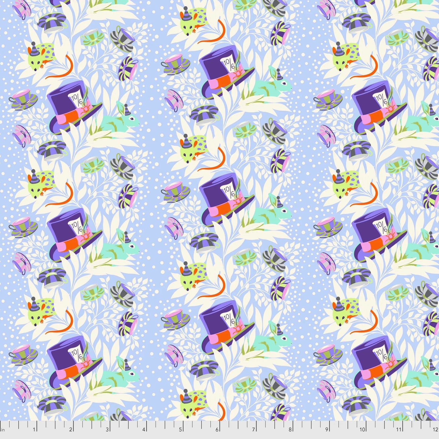 Pattern of colorful top hats and flowers on a blue background with a ruler for scale