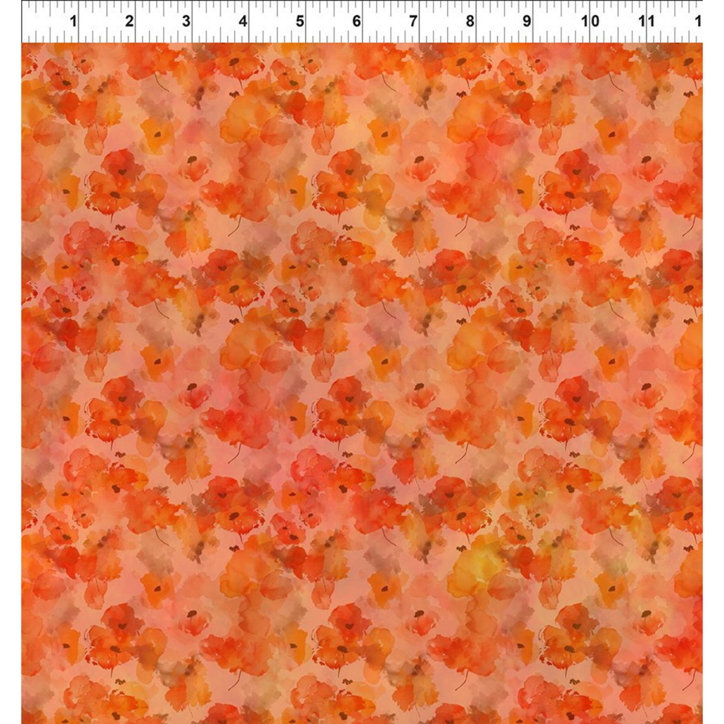 Pattern of orange and red flowers on a pink background with a ruler for scale