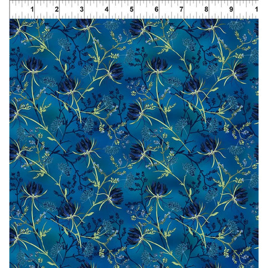 Floral pattern with dark blue flowers and green stems on a blue background with a ruler for scale