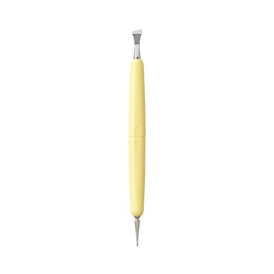 A dual-ended sewing tool with a pale yellow handle and silver metal tips, shown vertically on a plain white background.
