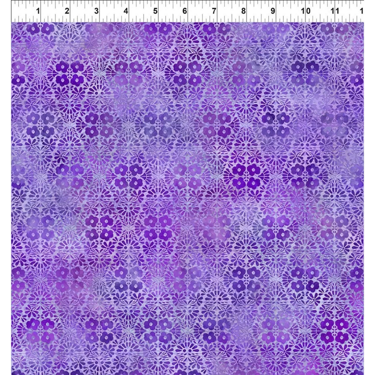 A fabric swatch featuring graceful geometric diamonds of tiny flower clusters and leafy sprigs in rich violet, amethyst, and lavender. A ruler along the top indicates scale.