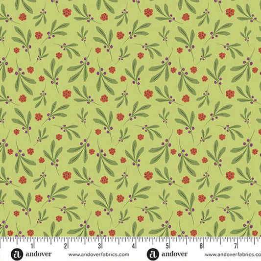 A repeating botanical pattern featuring green leaves and small red flowers with purple berries on a bright green background. Ruler at the bottom for scale.