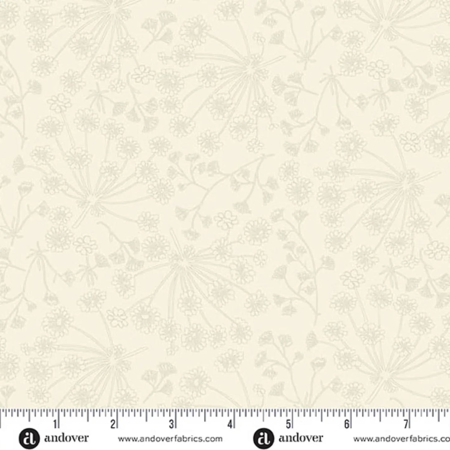 A repeating line-art floral pattern in soft, warm beige and light taupe on a cream background. Ruler at the bottom for scale.