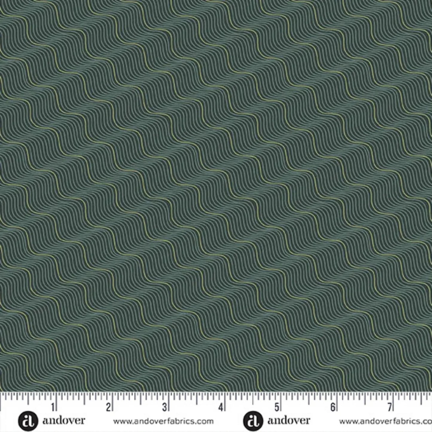 A repeating abstract pattern of pale olive and black wavy diagonal lines on a dark forest-green background. Ruler at the bottom for scale.