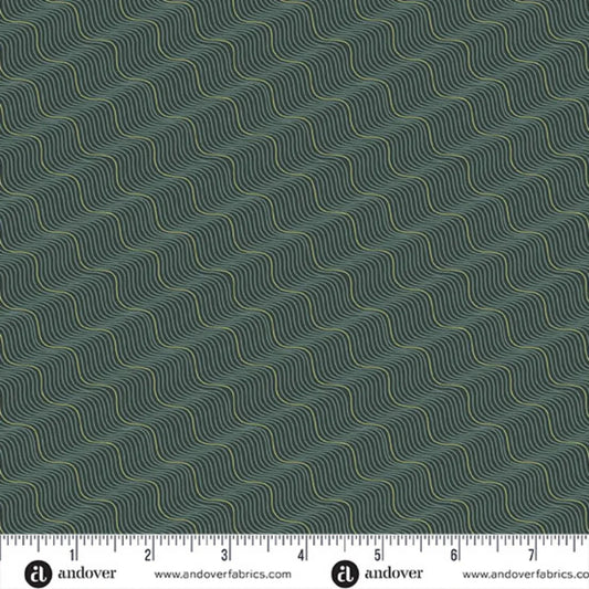 A repeating abstract pattern of pale olive and black wavy diagonal lines on a dark forest-green background. Ruler at the bottom for scale.