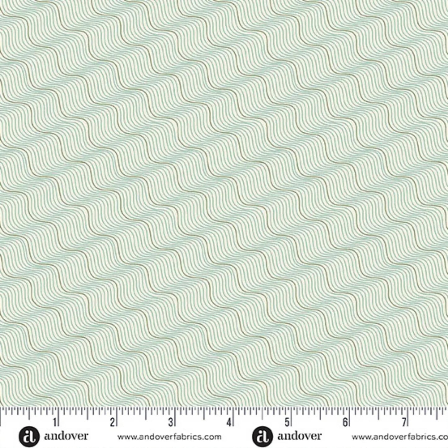 A repeating pattern of wavy diagonal lines in muted sage green and tan on a very light off-white background. Ruler at the bottom for scale.