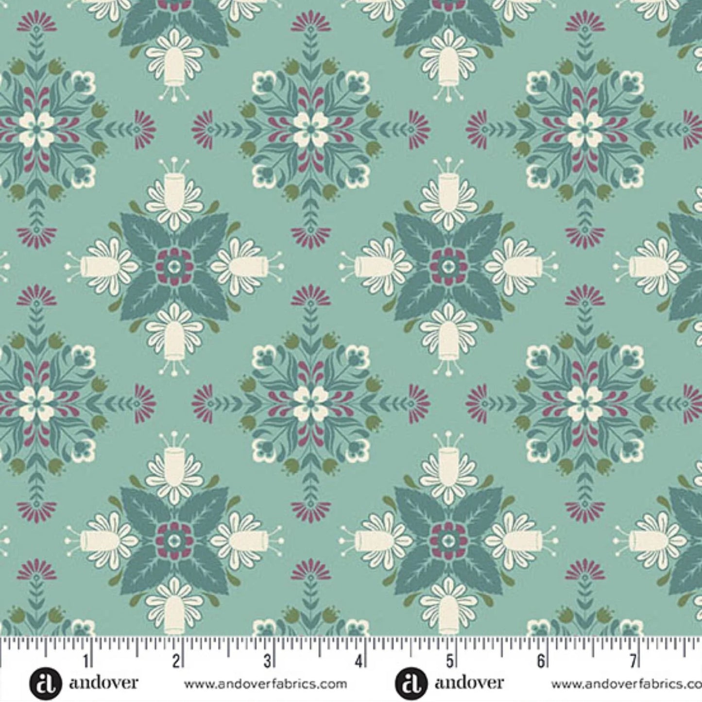 A repeating fabric pattern featuring a bold, symmetrical folk art medallion design with intricate floral and leaf motifs in dark teal, purple, olive, and cream on a soft teal-blue background. Ruler at the bottom for scale.