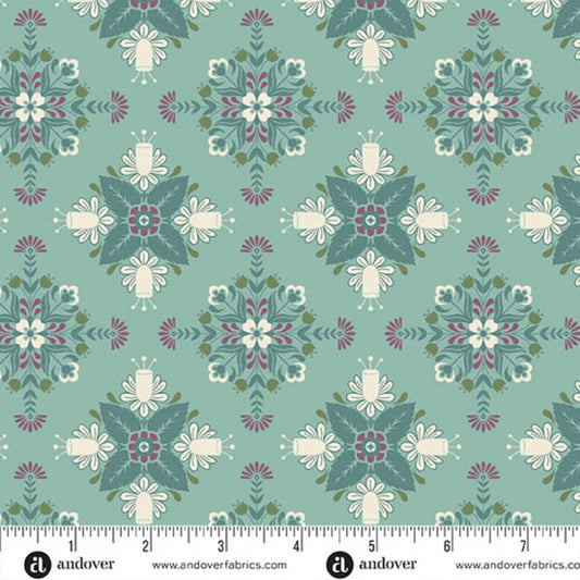 A repeating fabric pattern featuring a bold, symmetrical folk art medallion design with intricate floral and leaf motifs in dark teal, purple, olive, and cream on a soft teal-blue background. Ruler at the bottom for scale.