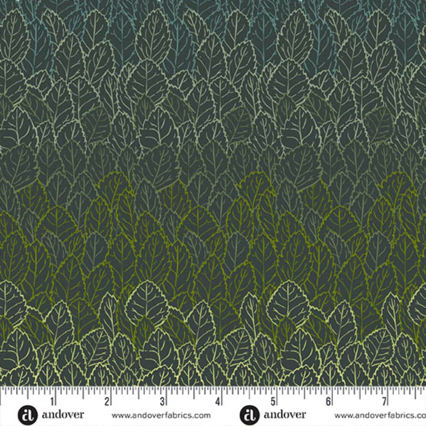 A densely packed, layered leaf pattern, shading from dark evergreen into a warm, golden chartreuse on a deep forest-green background. Ruler at the bottom for scale.