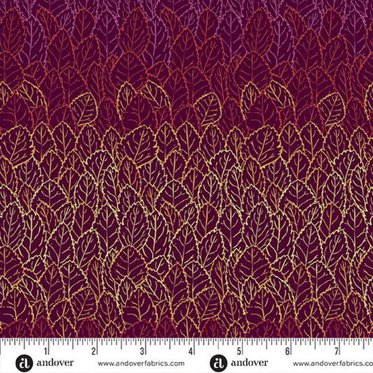 A repeating pattern of overlapping leaves, shading from pale amber-gold into warm mulberry purple on a rich, burgundy red background. Ruler at the bottom for scale.