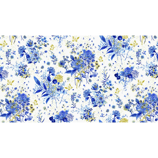 Pattern of blue and gold flowers on a white background