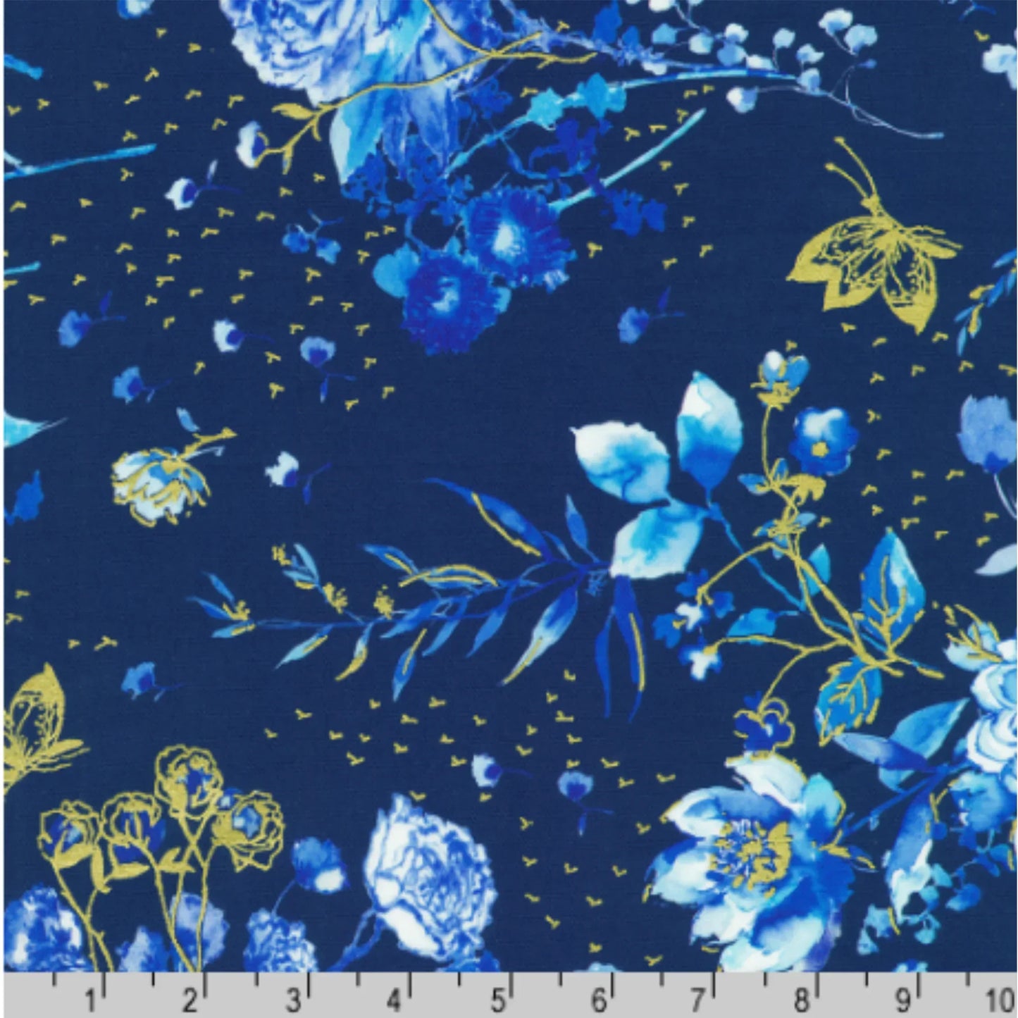 Floral pattern with blue flowers and gold accents on a dark blue background with a ruler for scale