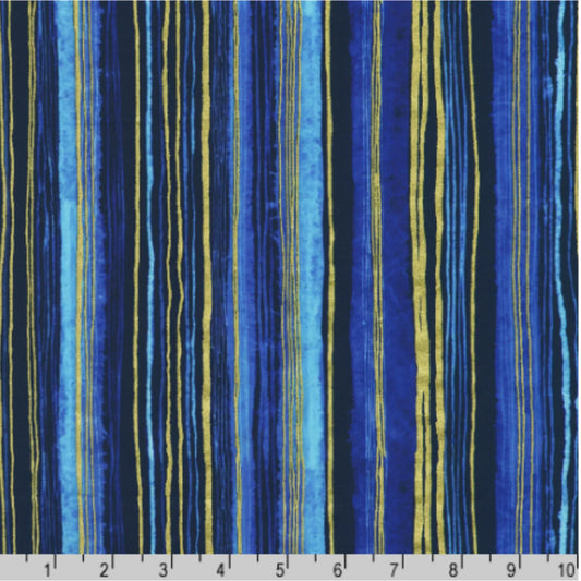 Striped fabric pattern with blue and gold lines with a ruler for scale