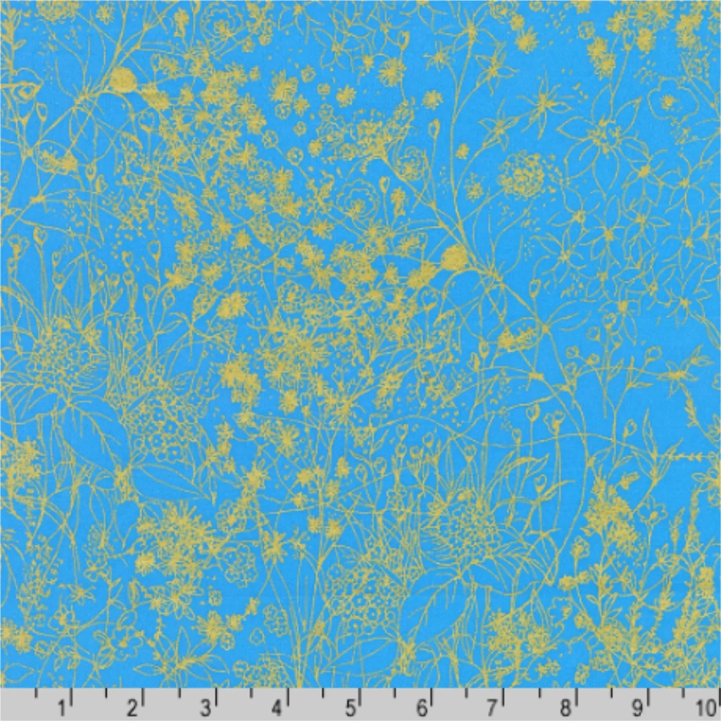 Floral pattern with gold outlines on a blue background with a ruler for scale