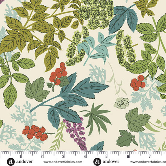 A repeating botanical pattern featuring green and teal leaves, clusters of red berries, small yellow flowers, and purple blossoms on a warm cream background. Ruler at the bottom for scale.