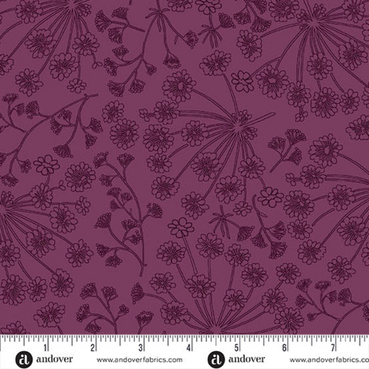 A repeating line-art floral pattern in dark plum purple on a slightly lighter mauve-purple background. Ruler at the bottom for scale.