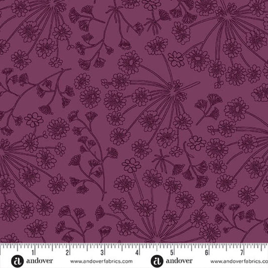 A repeating line-art floral pattern in dark plum purple on a slightly lighter mauve-purple background. Ruler at the bottom for scale.