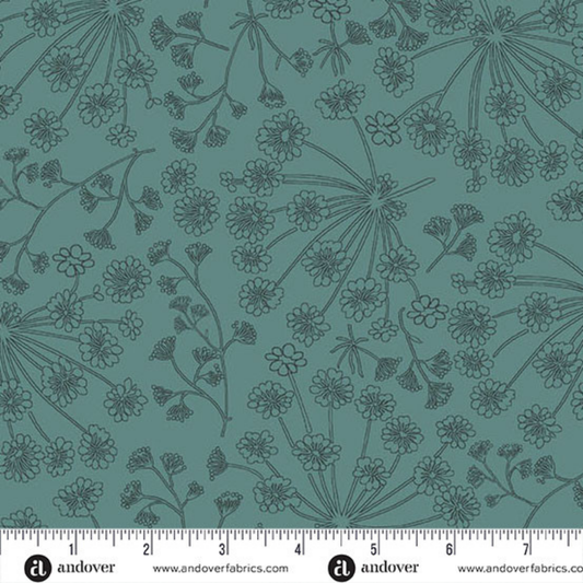 A repeating botanical pattern featuring delicate angelica wildflower stems and tiny blossoms on a cool teal-blue background. Ruler at the bottom for scale.