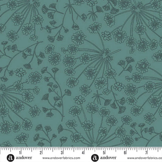 A repeating botanical pattern featuring delicate angelica wildflower stems and tiny blossoms on a cool teal-blue background. Ruler at the bottom for scale.