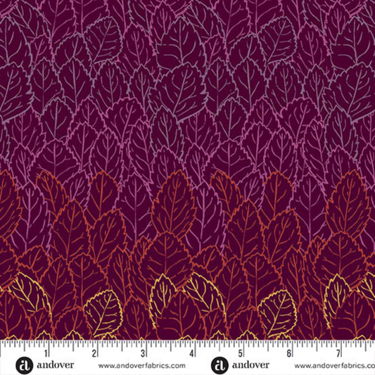 A repeating pattern of overlapping leaves, shading from pale amber-gold to warm mulberry purple on a rich burgundy background. Ruler at the bottom for scale.
