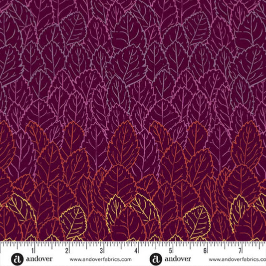 A repeating pattern of overlapping leaves, shading from pale amber-gold to warm mulberry purple on a rich burgundy background. Ruler at the bottom for scale.