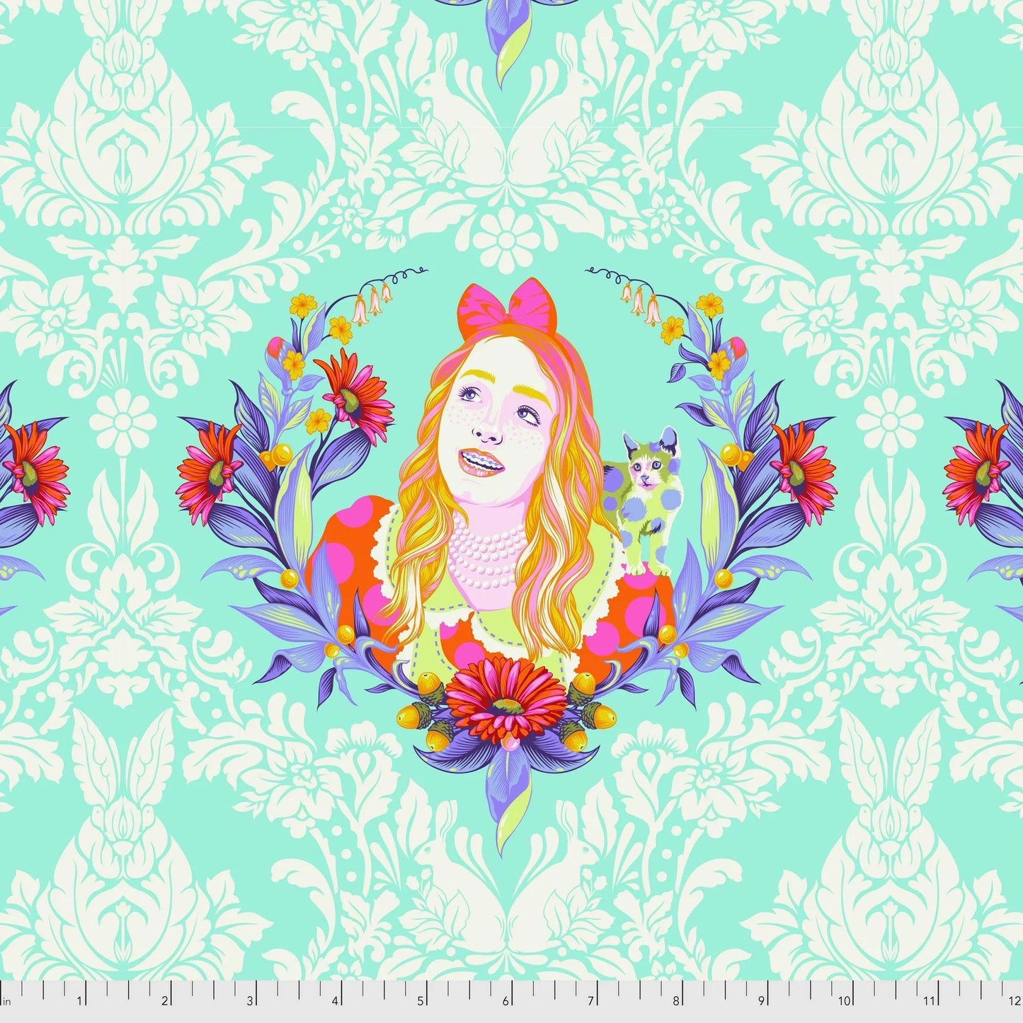 Colorful illustration of a girl with flowers on a decorative aqua and white patterned background with a ruler for scale