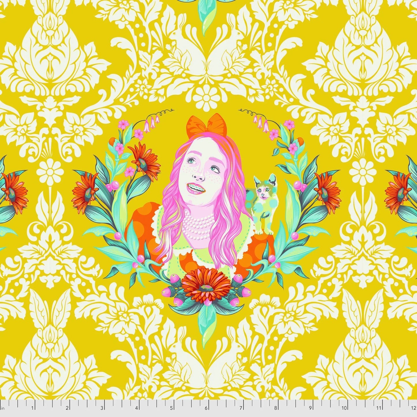 Colorful illustration of a girl with flowers on a decorative yellow and white patterned background with a ruler for scale