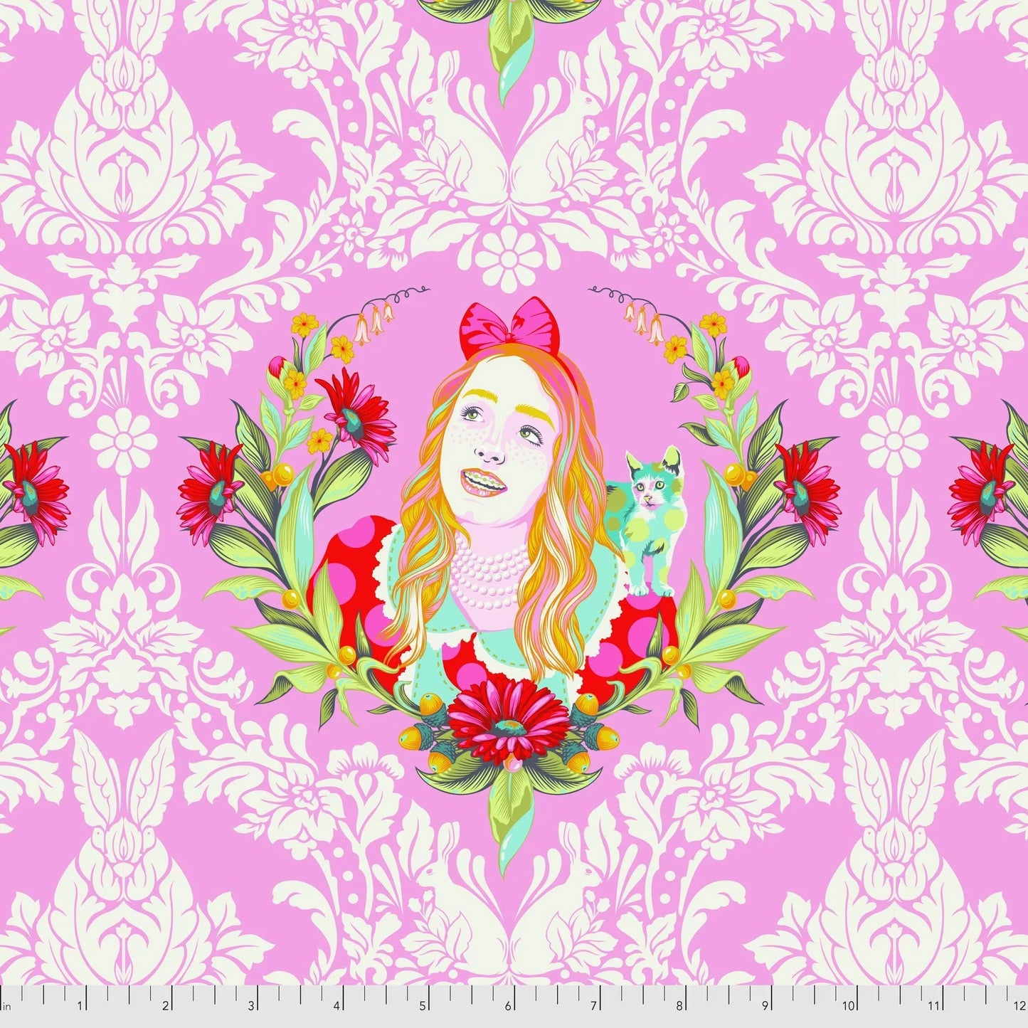 Colorful illustration of a girl with flowers on a decorative pink and white patterned background with a ruler for scale