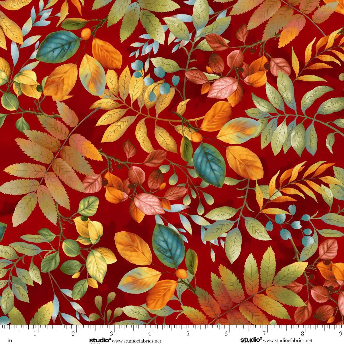 Colorful Autumn leaves on a warm red background with a ruler at the bottom for scale.