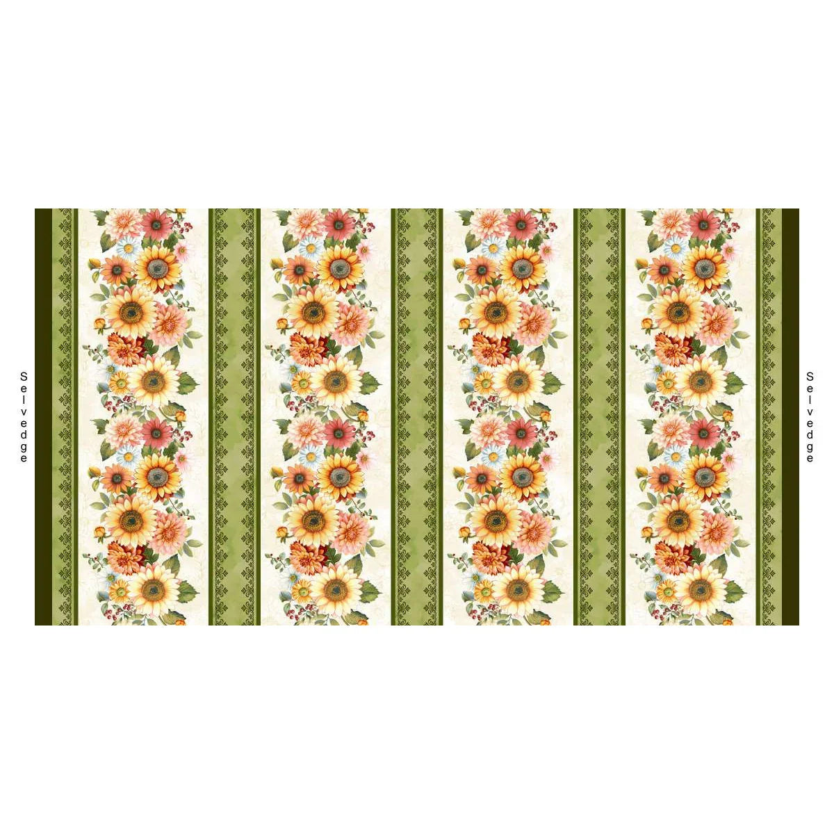 A repeating floral border pattern with large sunflowers, dahlias, and daisies with green leaves, and decorative olive-green bands in between on a light cream background. Left and right edges mark the selvages.