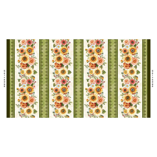 A repeating floral border pattern with large sunflowers, dahlias, and daisies with green leaves, and decorative olive-green bands in between on a light cream background. Left and right edges mark the selvages.