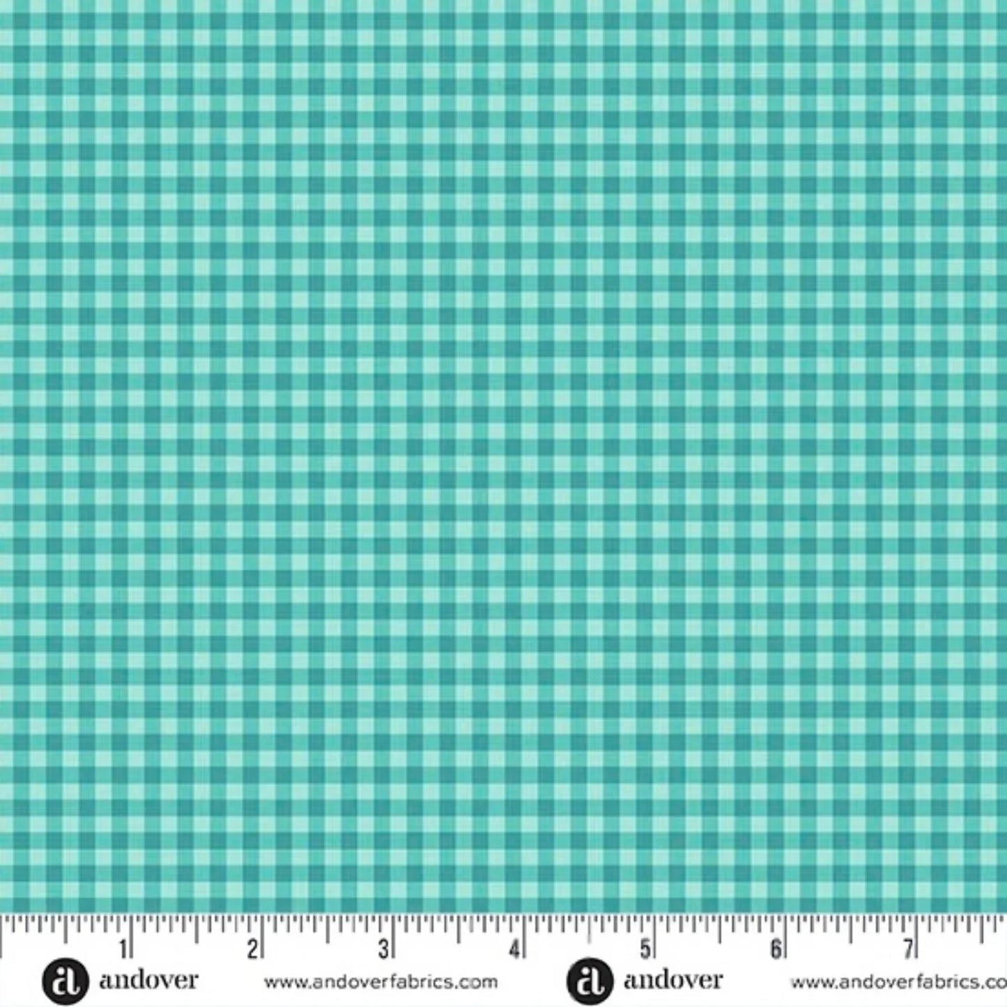 Teal and aqua checkered fabric with a ruler at the bottom for scale.