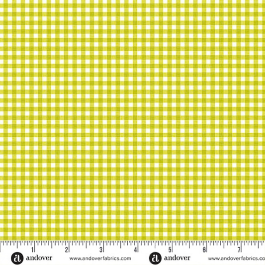Lime-green and white checkered fabric with a ruler at the bottom for scale.