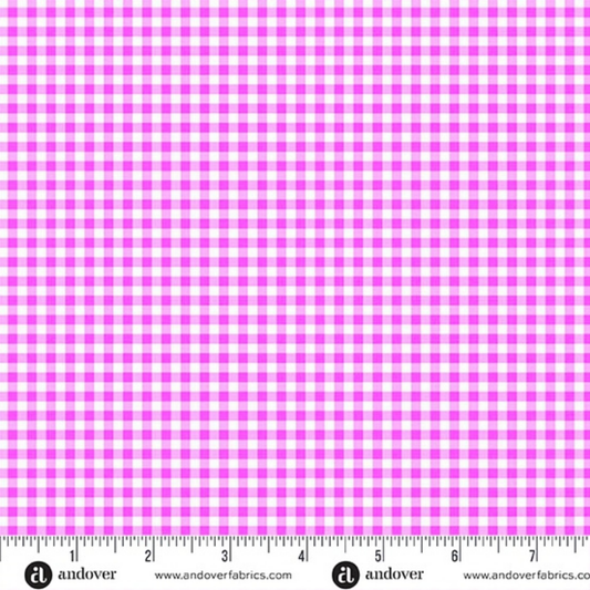 Pink and white checkered fabric pattern with a ruler at the bottom for scale