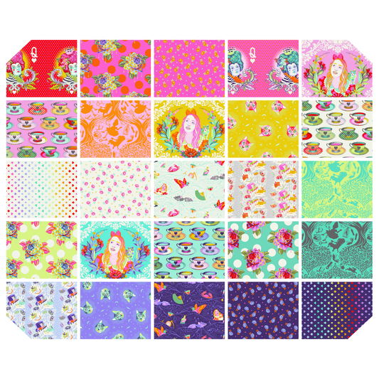 Collection of colorful fabric swatches with various patterns arranged in a grid