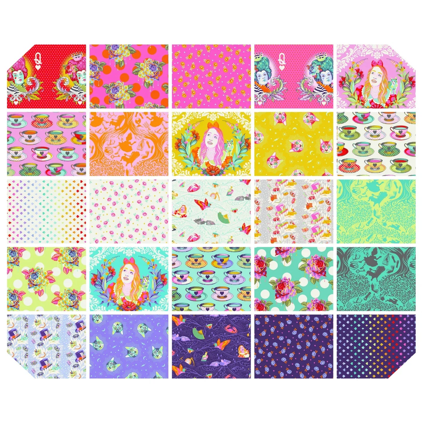 Collection of colorful fabric swatches with various patterns arranged in a grid