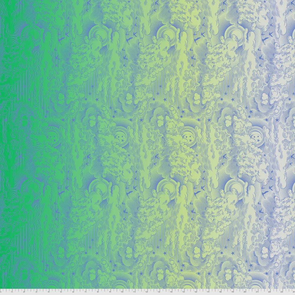 Textured cloud pattern with green and blue gradient. Ruler for scale