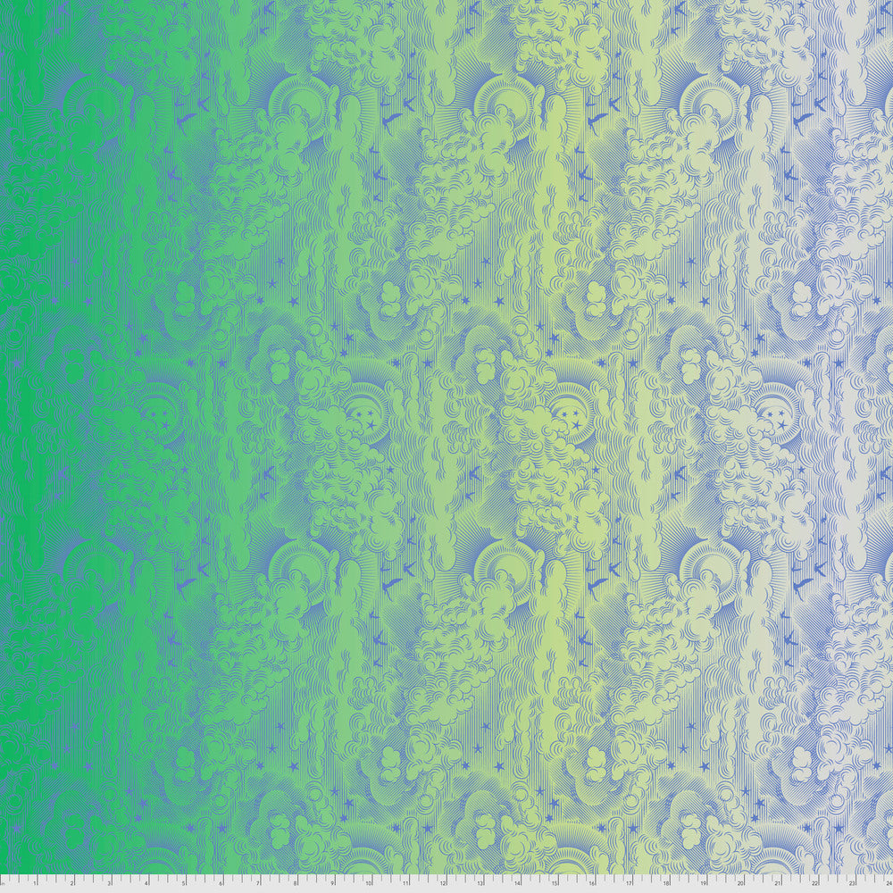 Textured cloud pattern with green and blue gradient. Ruler for scale