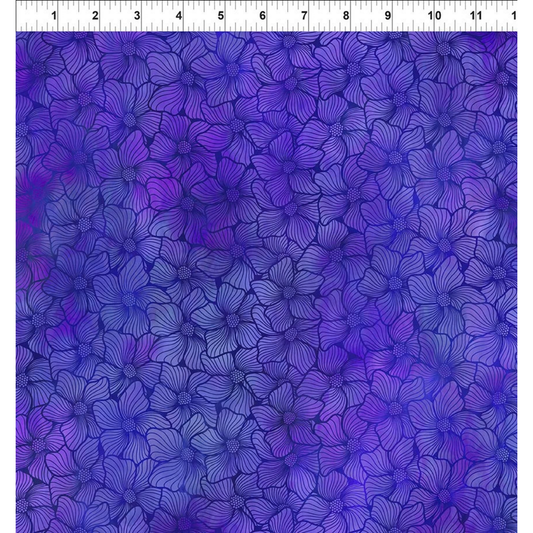 A fabric design featuring lush stained-glass flowers, their rounded petals layered in sumptuous violet and deep periwinkle with a ruler at the top for scale.