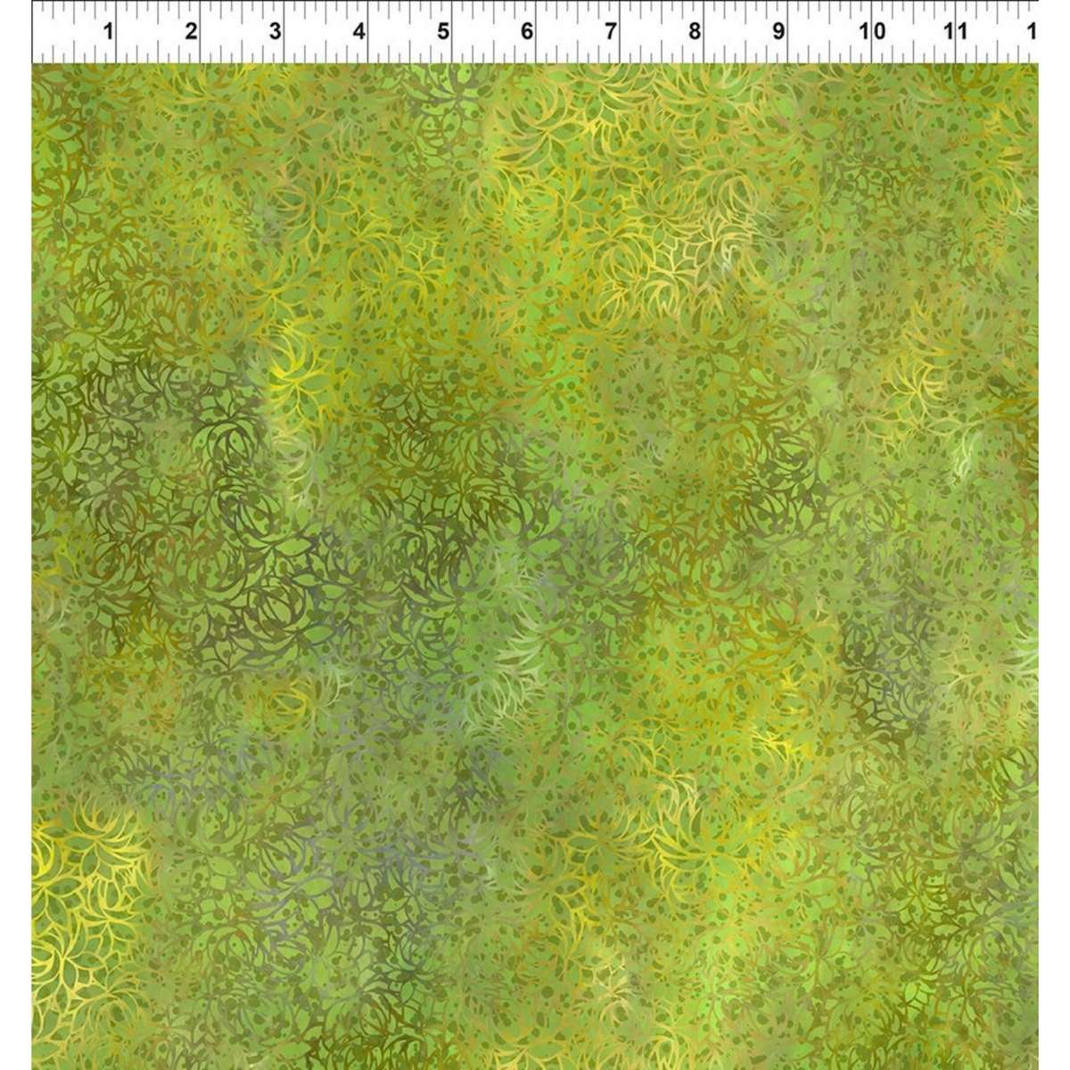 A fabric design featuring overlapping lotus flowers, awash in lush chartreuse, radiant gold, and deep olive hues with a ruler at the top for scale.