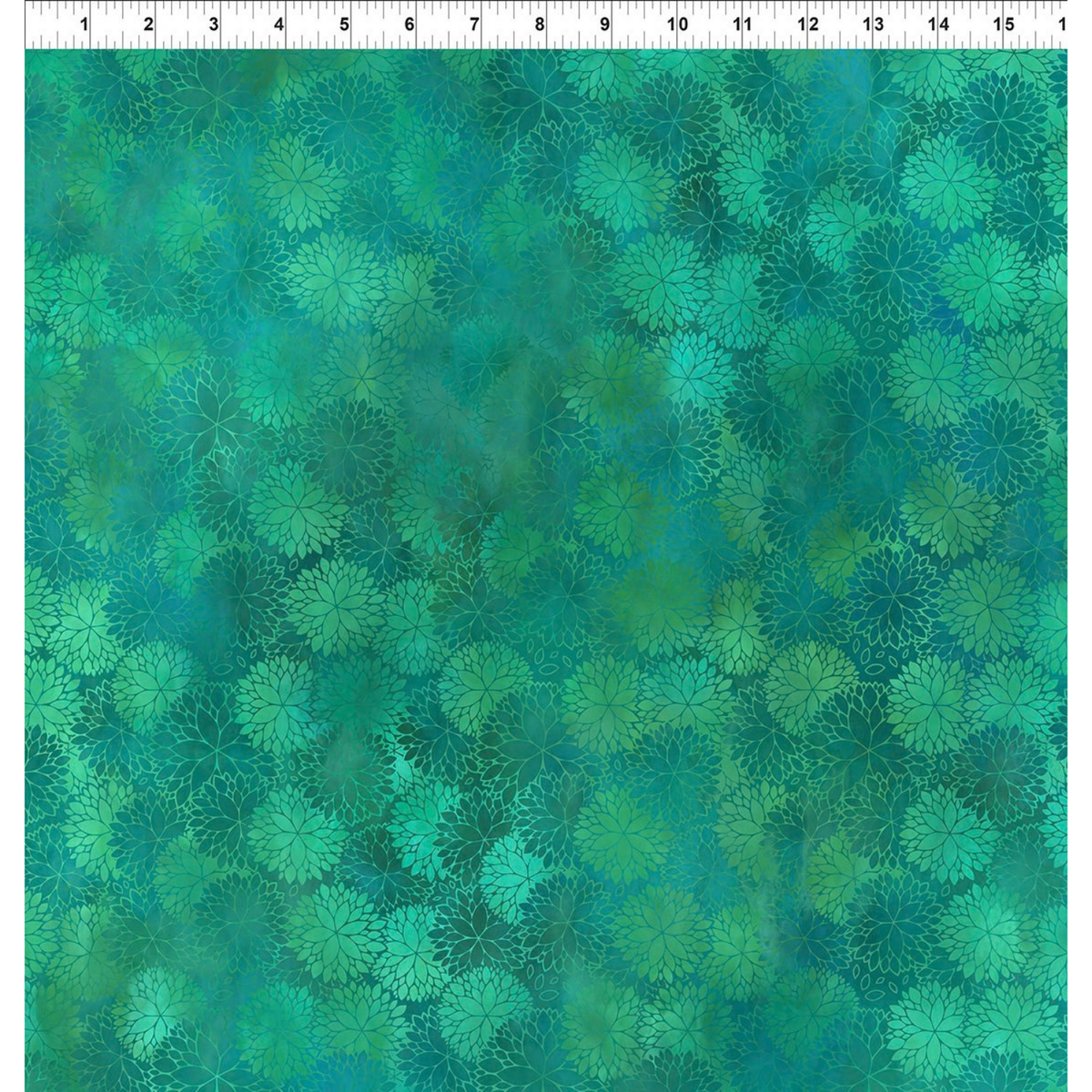 A fabric design featuring graceful, overlapping chrysanthemum blooms, their petals awash in lush teal and deep turquoise with a ruler at the top for scale.