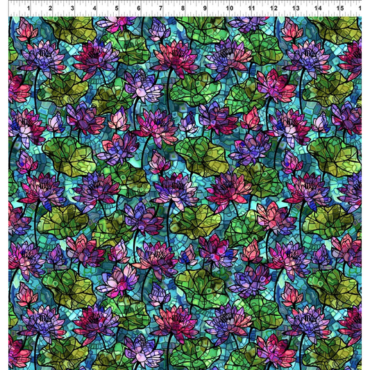 A fabric design of stained-glass-style pink and purple water lilies and green lily pads on a turquoise background. A ruler is visible along the top, indicating scale.